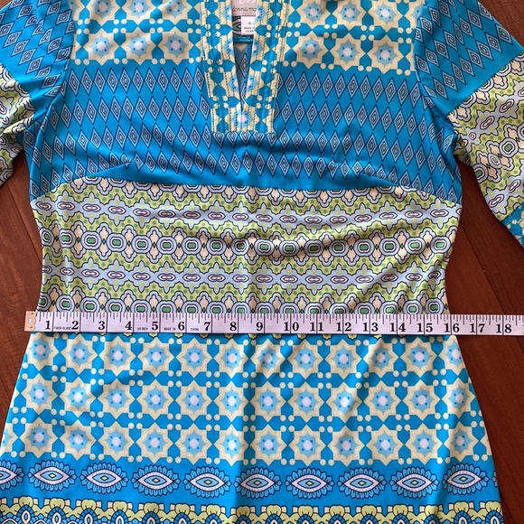 Donna Morgan Blue Green Yellow Retro Stretch Geometric Shift Dress - Sz 4 - Picture 12 of 14